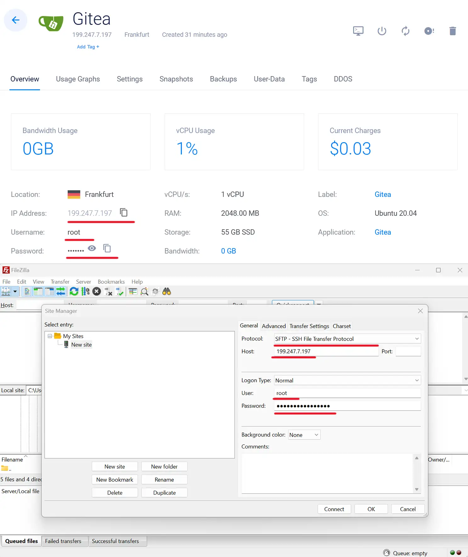 vultr dashboard and filezilla