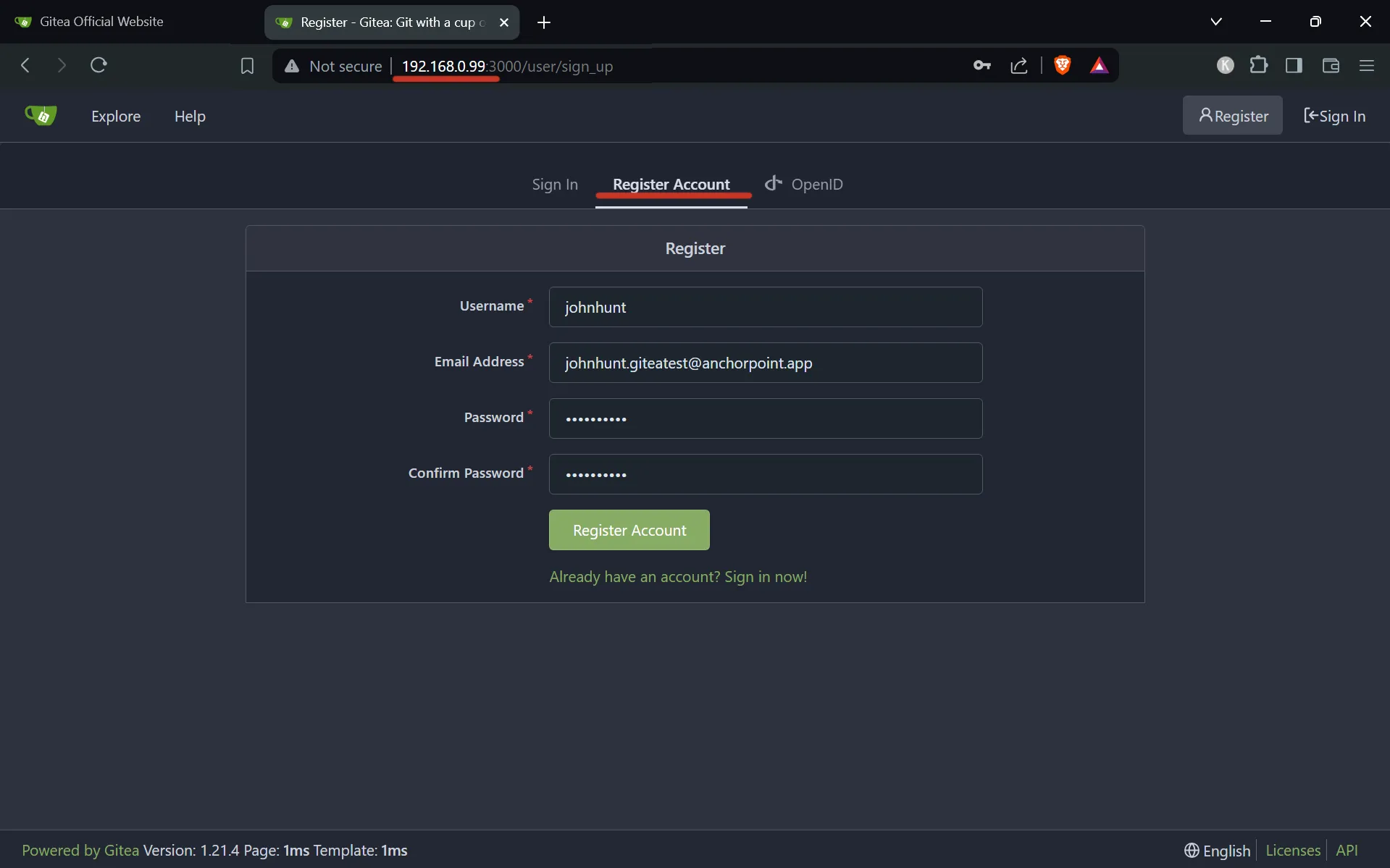 Create Gitea account
