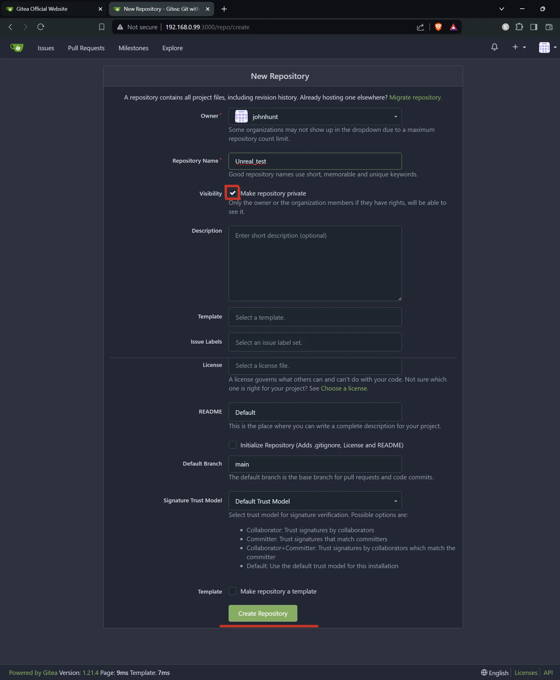 Gitea repository settings