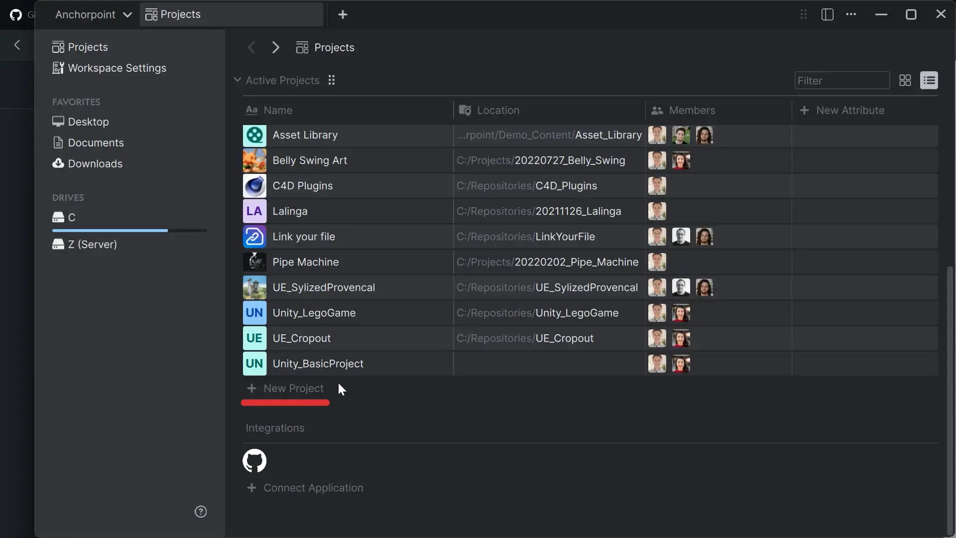 create a new project in Anchorpoint