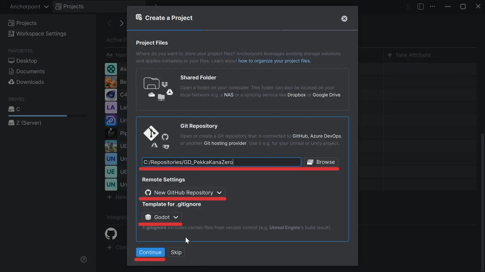 Git settings in Anchorpoint