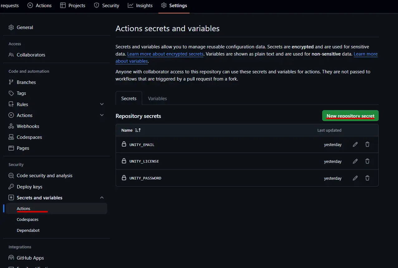 GitHub actions, repository secrets