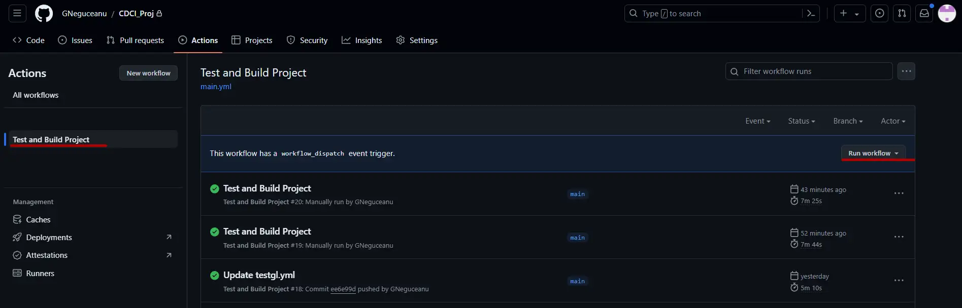 GitHub actions run workflow