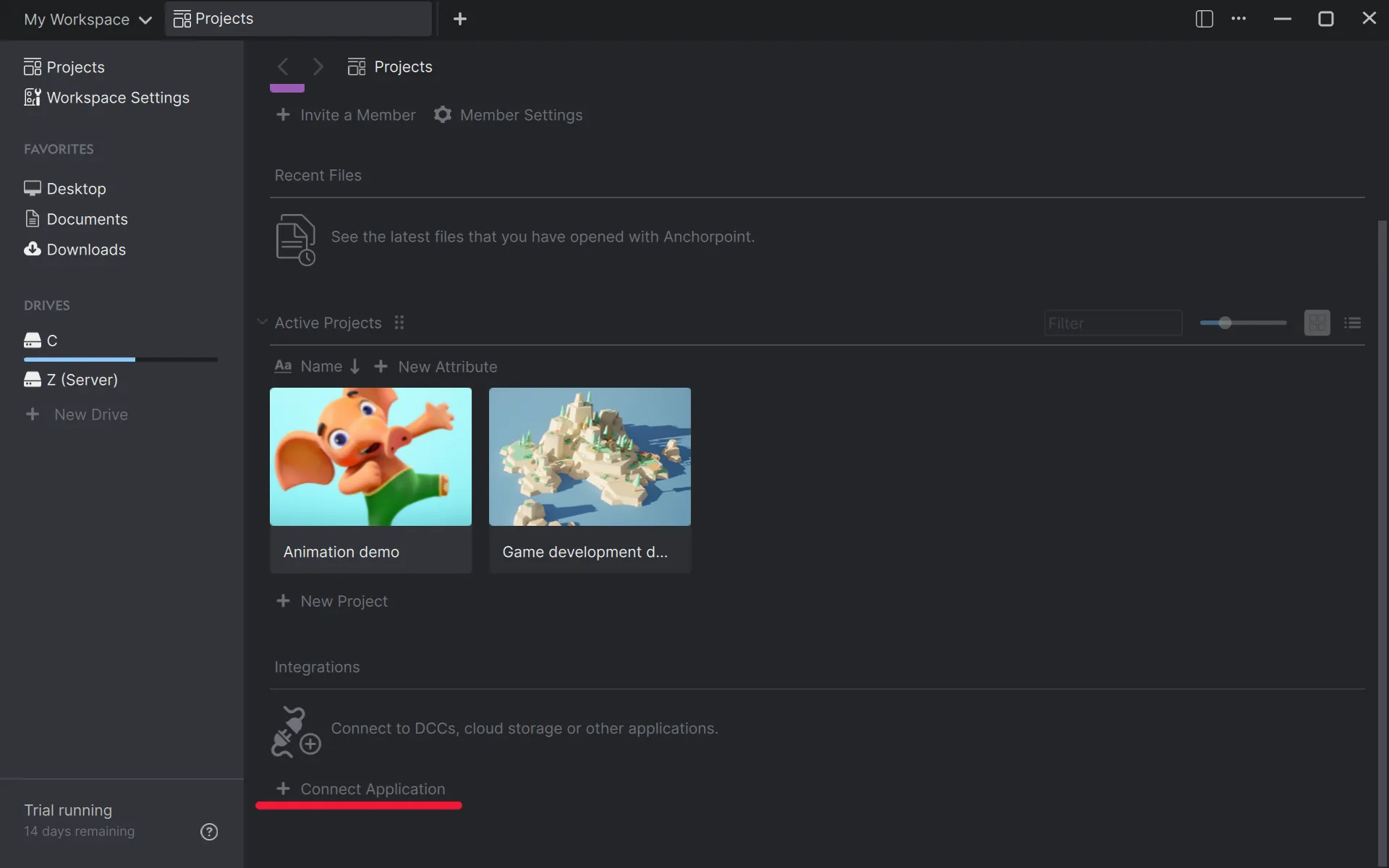 connecting an application in Anchorpoint