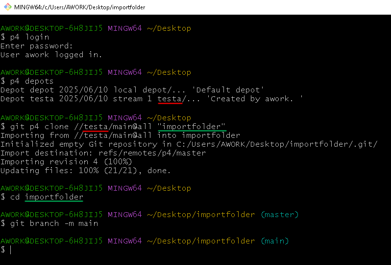 Git bash commands to migrate p4 to git