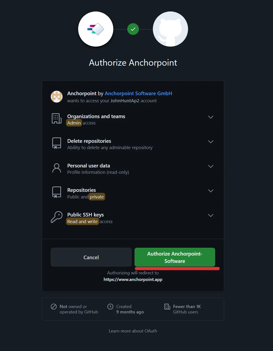 Anchorpoint authorize window