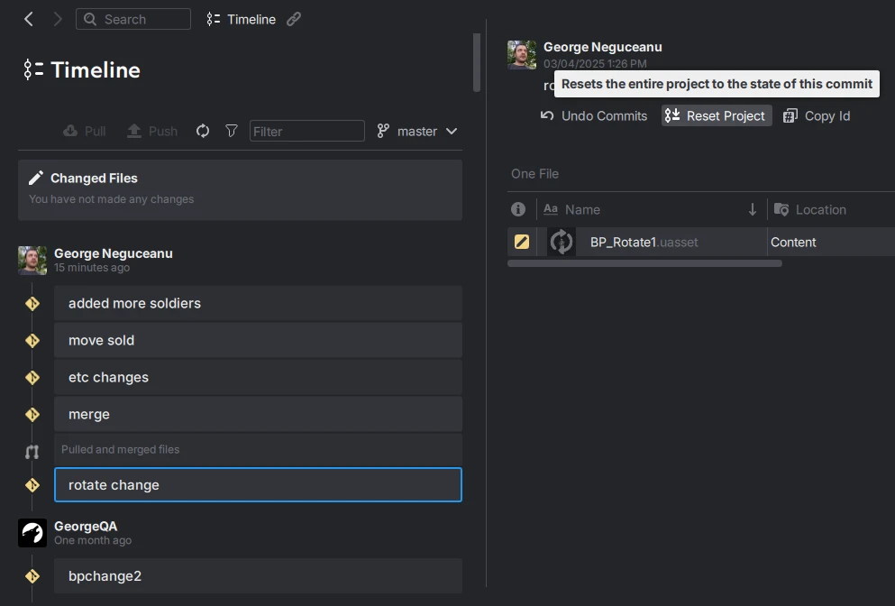 Reset project or undo commits in a git history using Anchorpoint