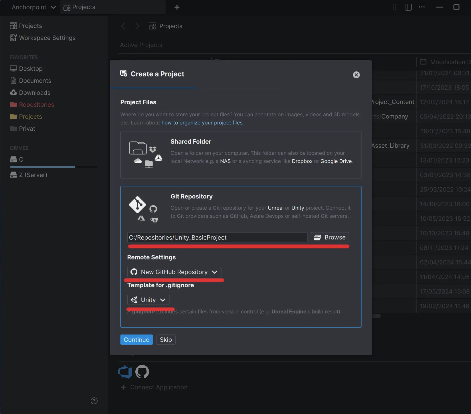 Project creation in Anchorpoitn