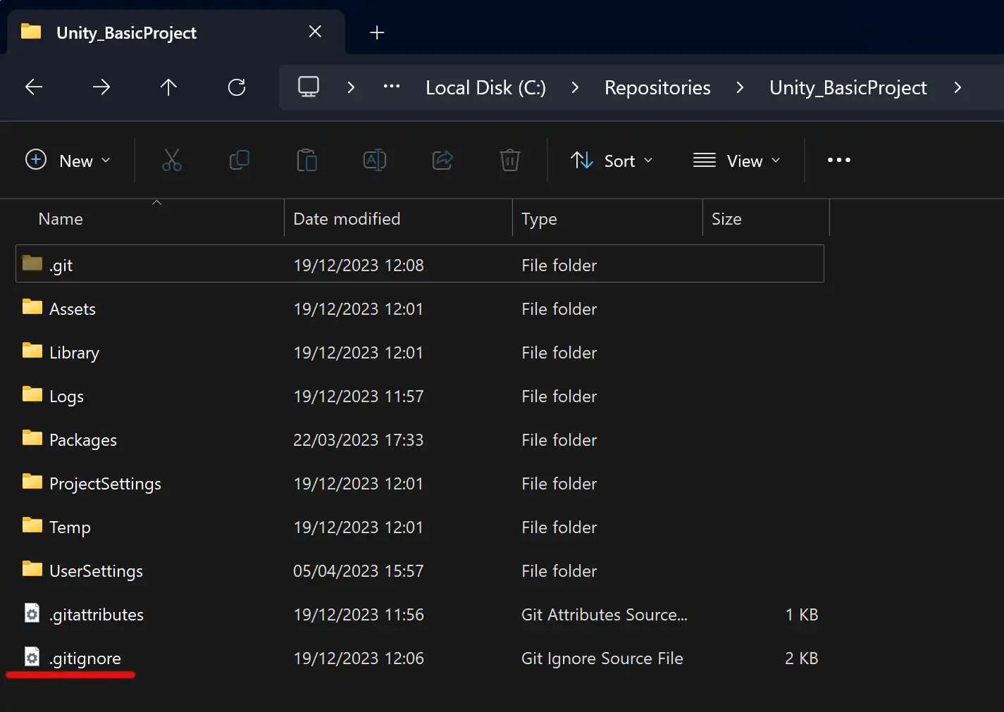 unity gitignore file in file browser