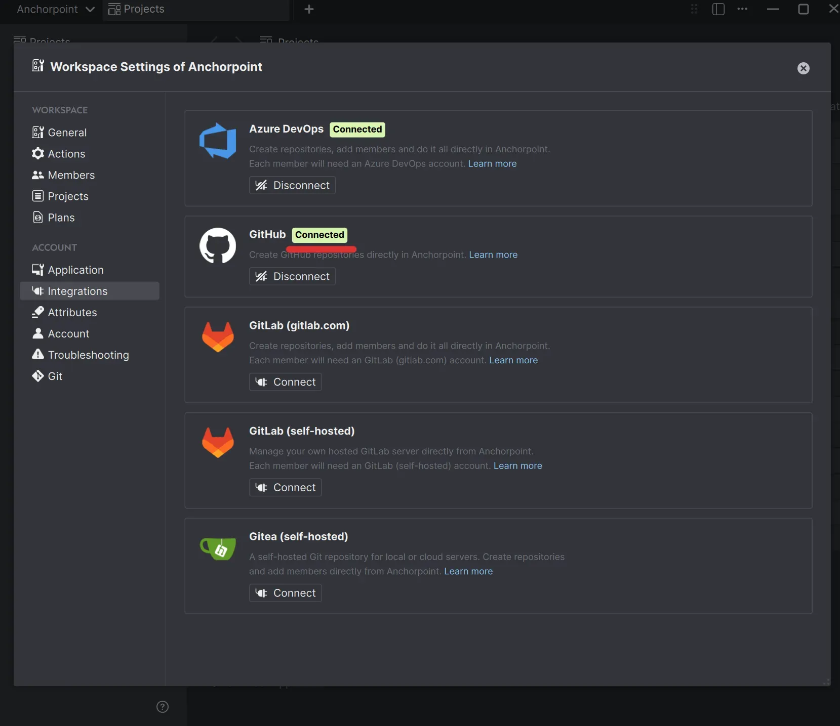GitHub connected status in Anchopoint