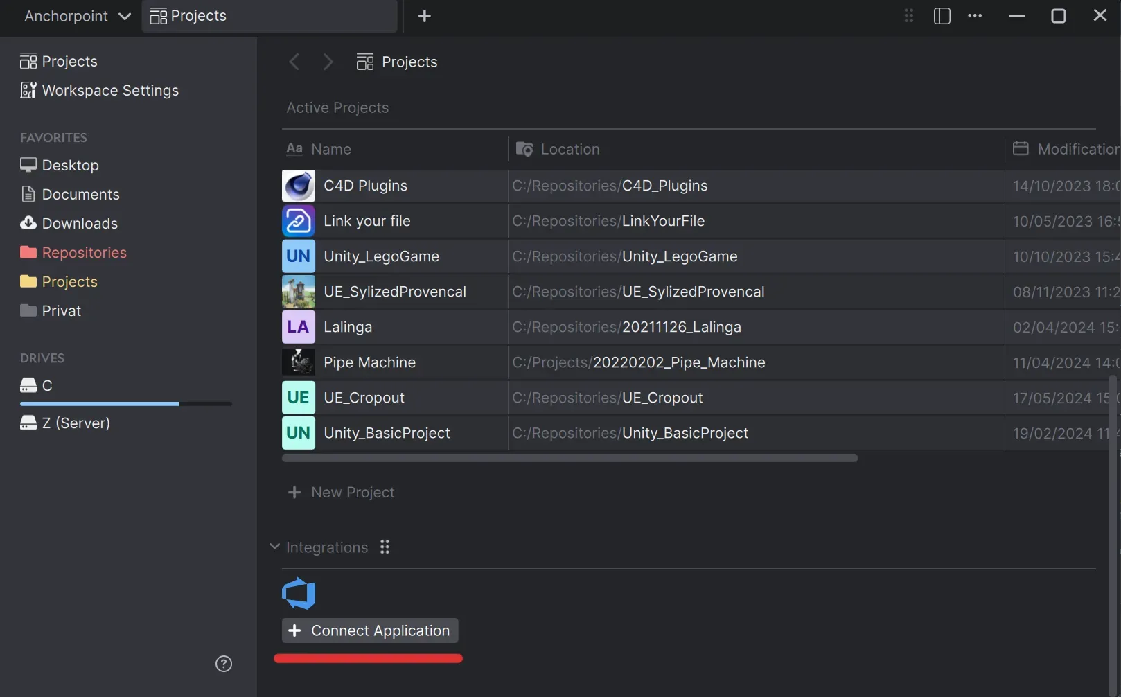 Projects overview in Anchorpoint