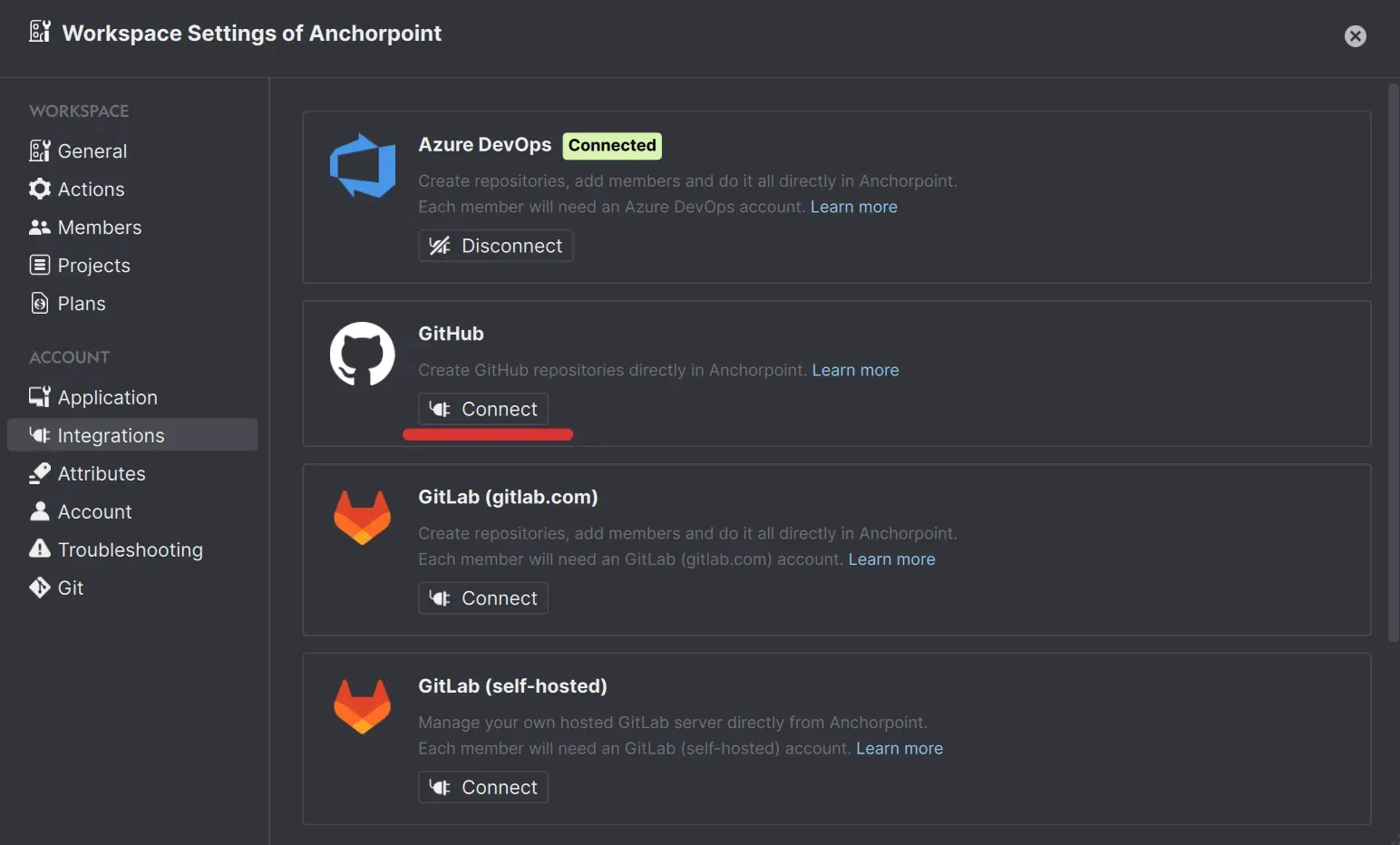 Integration page in Anchorpoint for GitHub connect