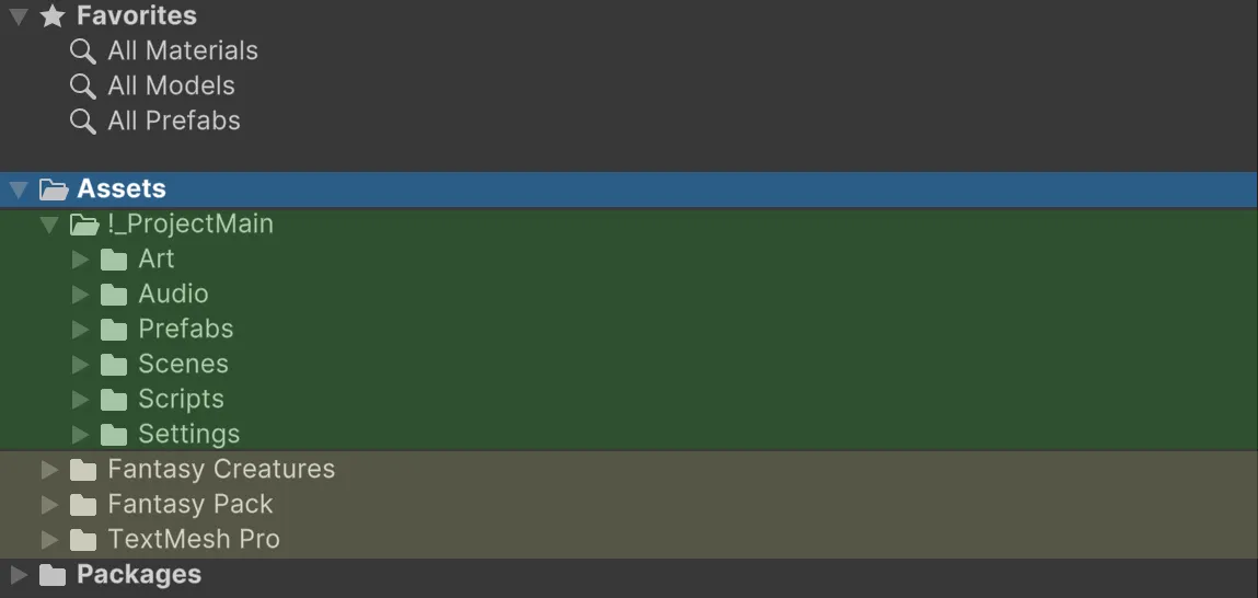A basic project folder structure in Unity