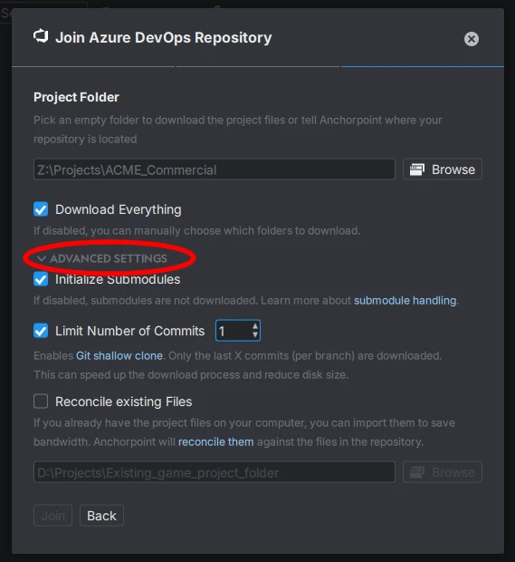 Anchopoint shallow clone advanced settings
