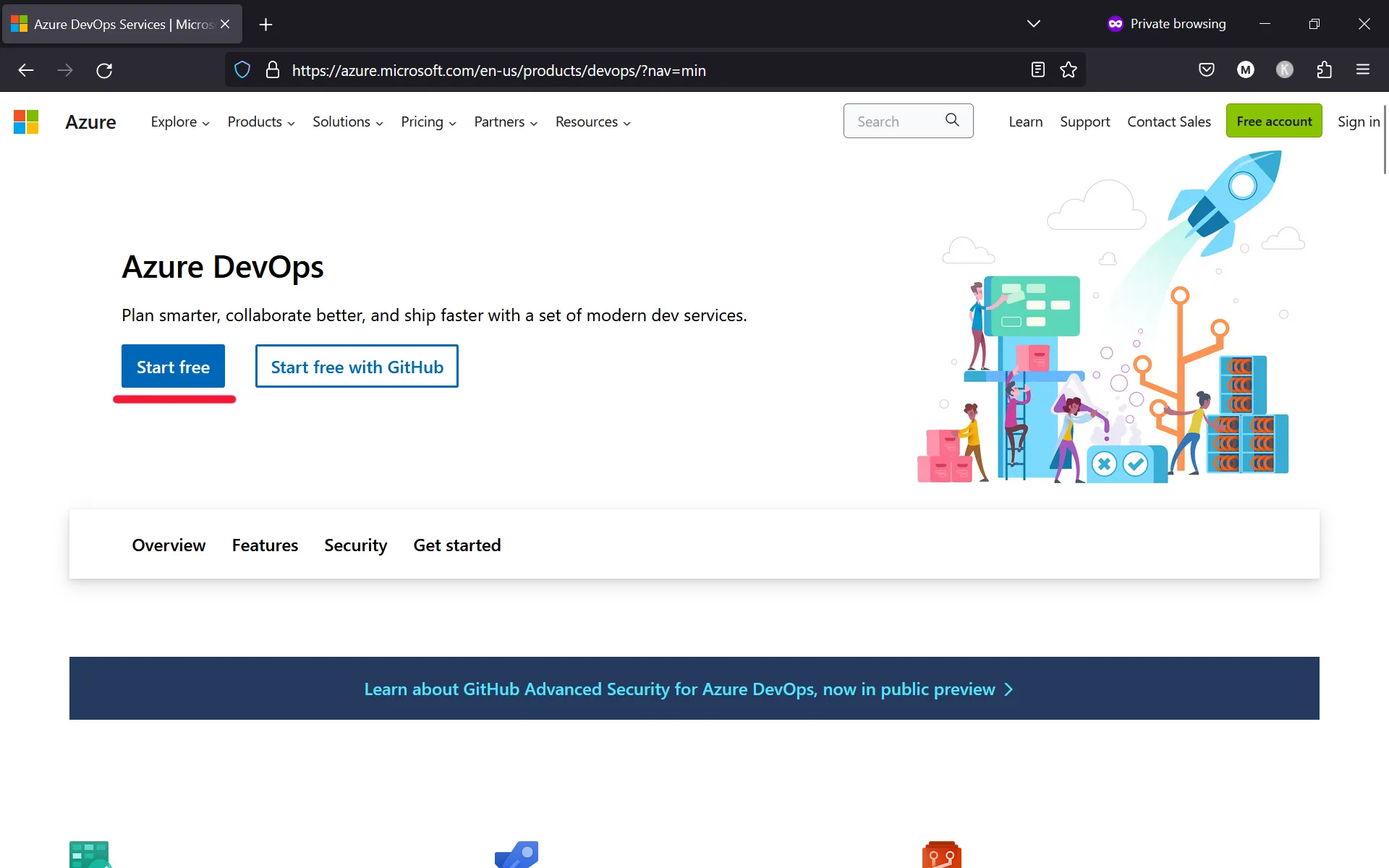 Azure DevOps landing page