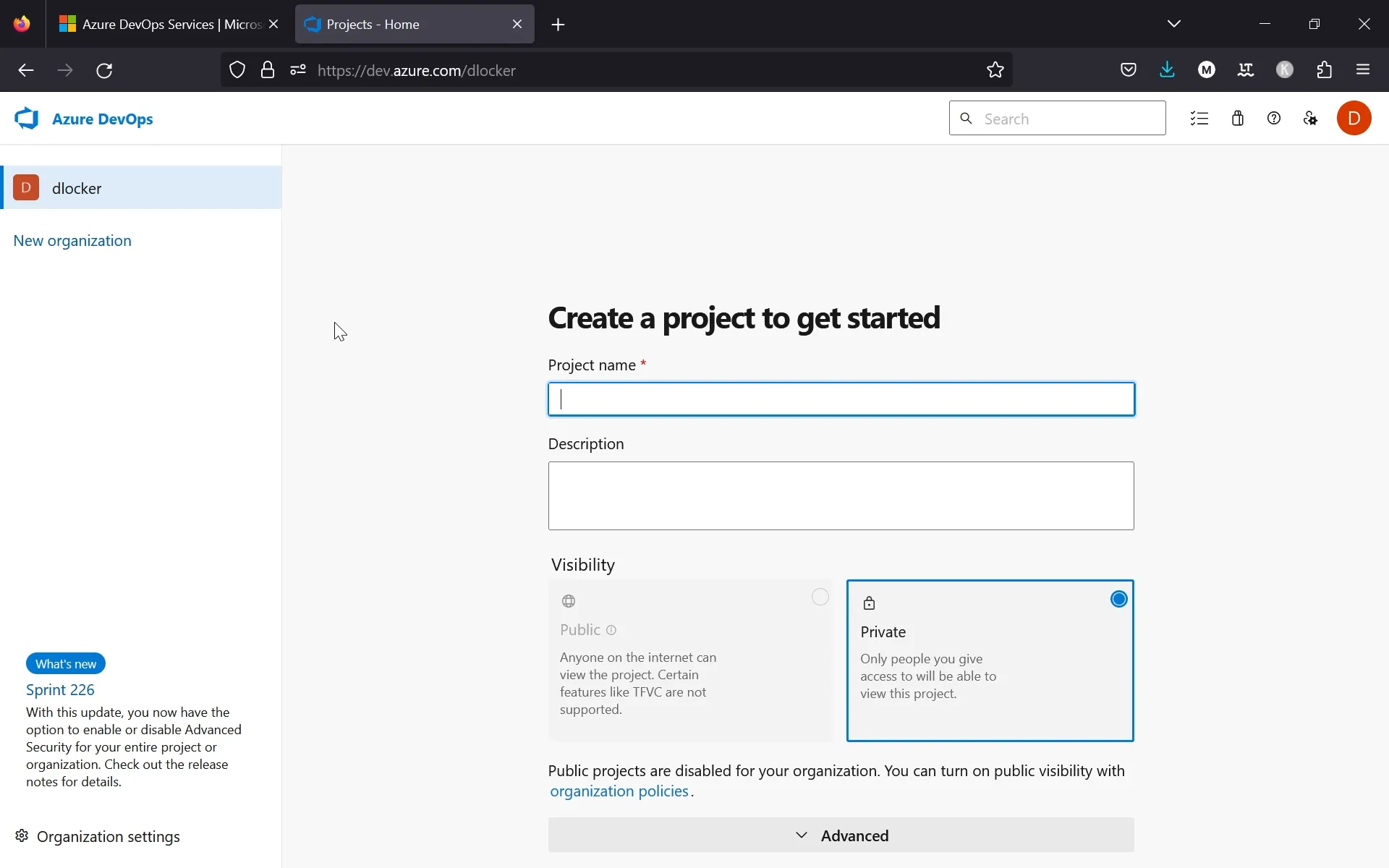 Azure DevOps creating a new project