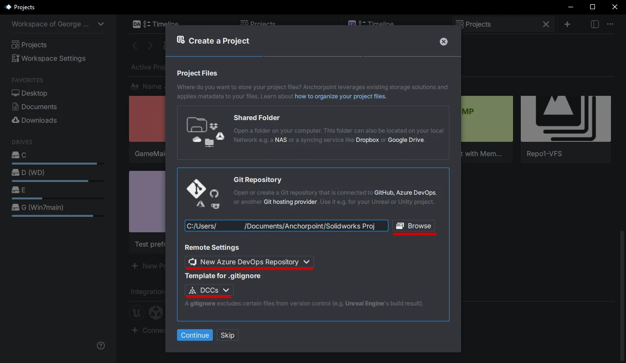 Anchorpoint new project settings