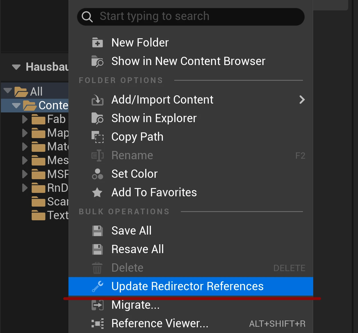 Update redirectors in Unreal