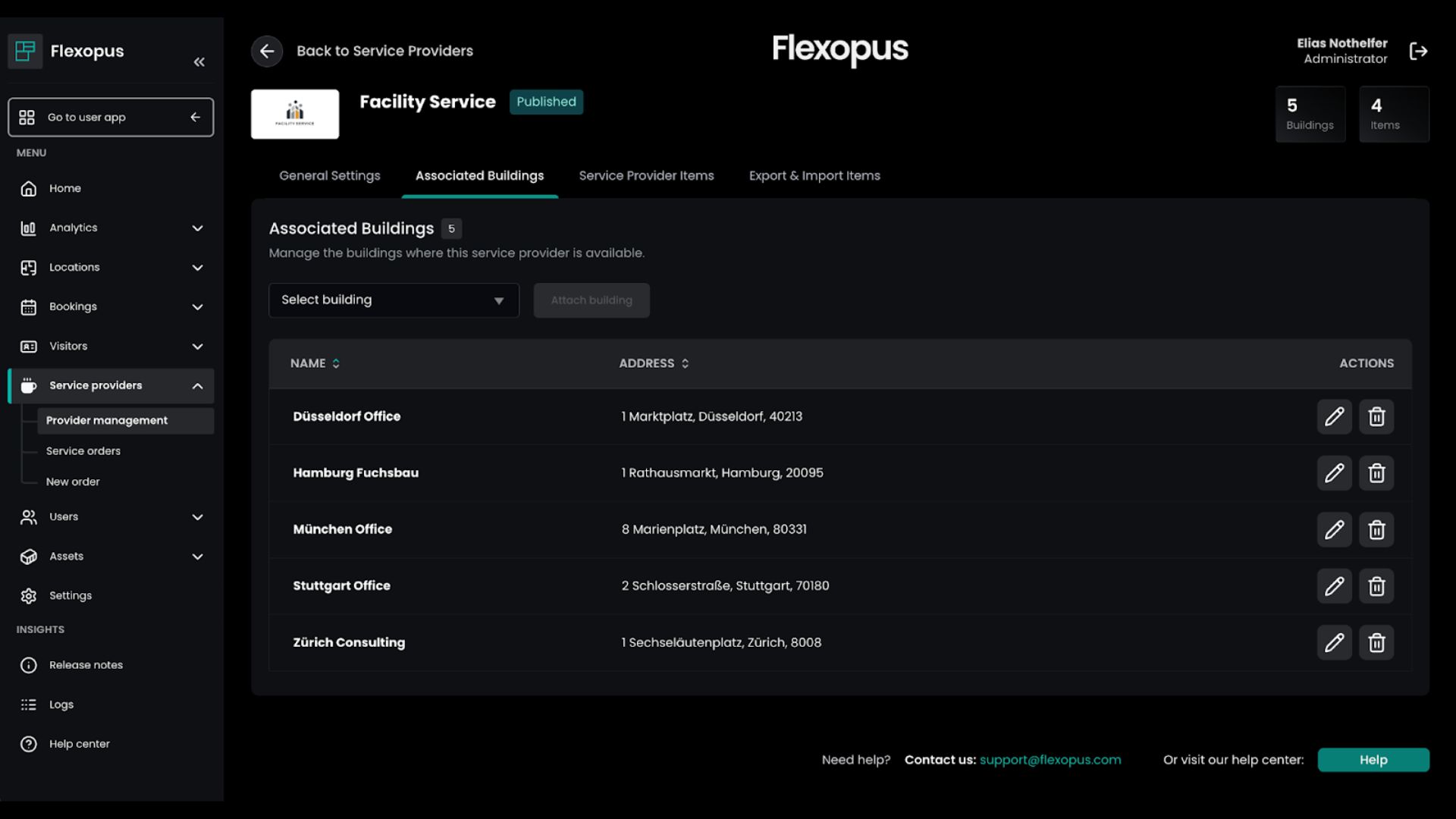 Flexopus App zeigt die zugeordneten Gebäude eines Service Providers.