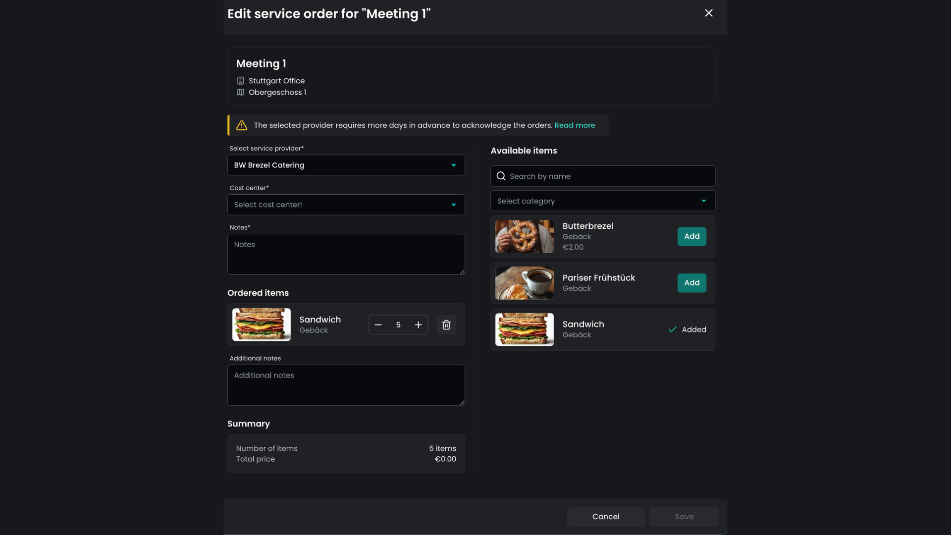 Catering & Facility Management - Ereigniserstellung mit Service Provider.