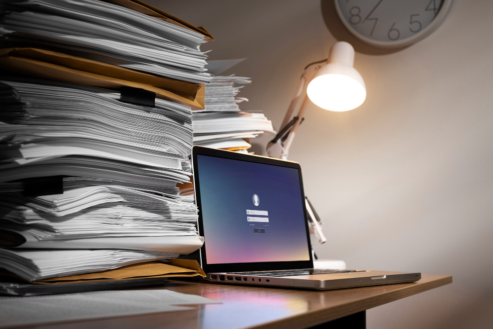 A desk full of papers to show the significance of the dematerializing of an office.