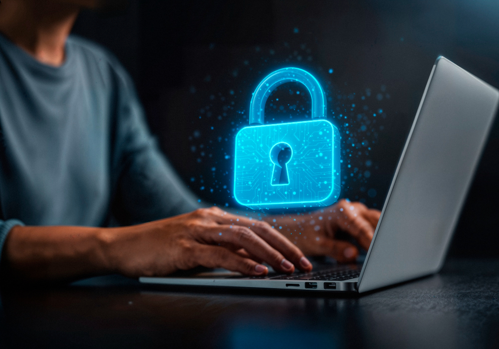 Ein Mann ist am Laptop und es erscheint ein digitales Schloss darüber um Datensouverenität zu symbolisieren.