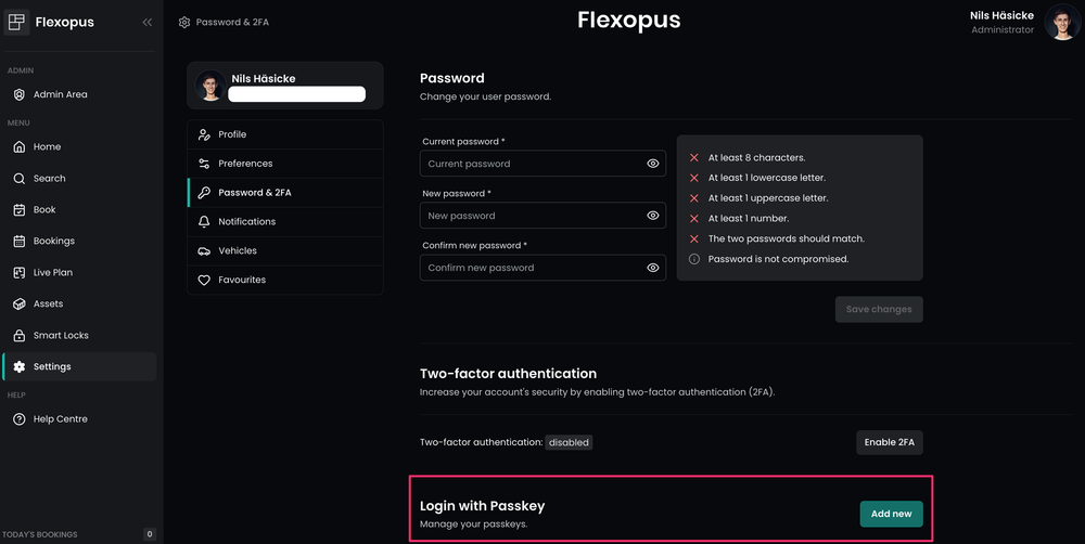 Passkey Login in der Flexopus Anwendung.