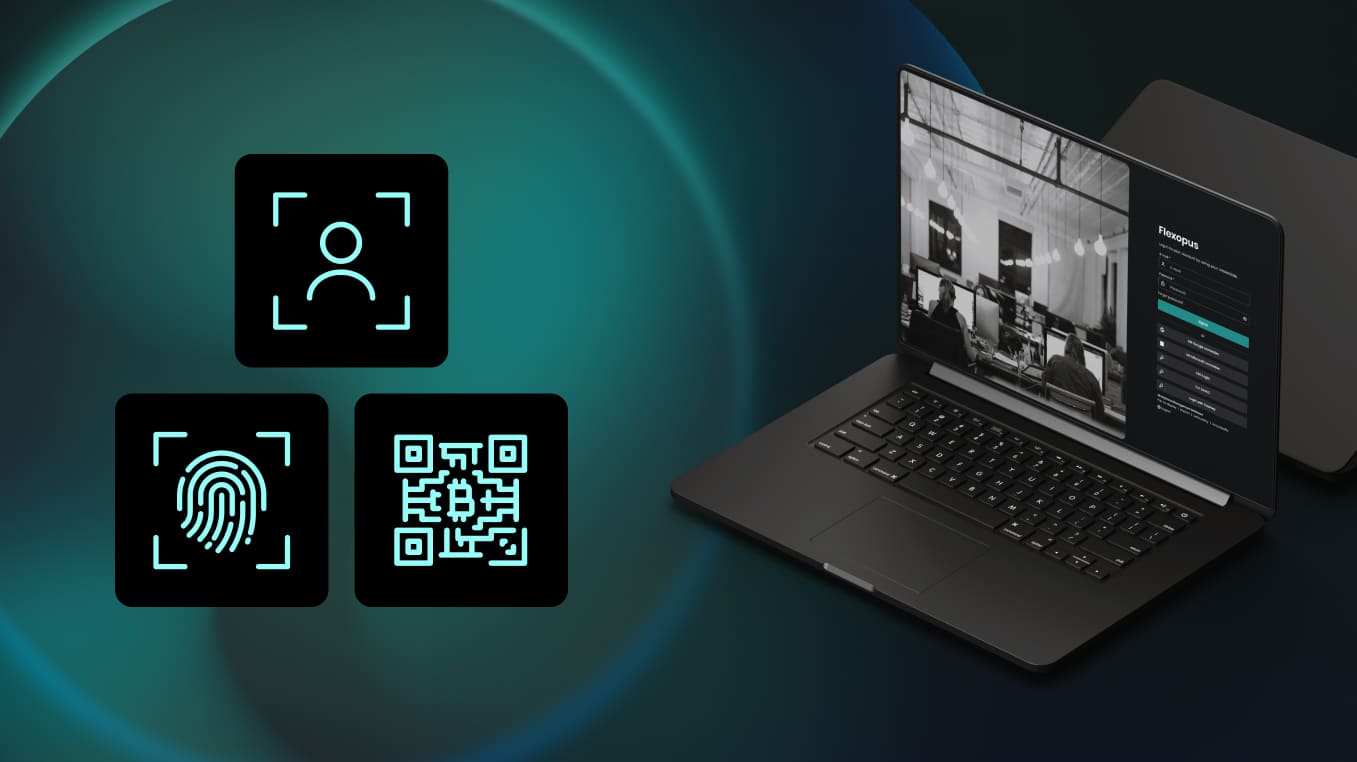 Flexopus ist auf dem Laptop geöffnet und daneben sind Sicherheitsicons aufgelistet.
