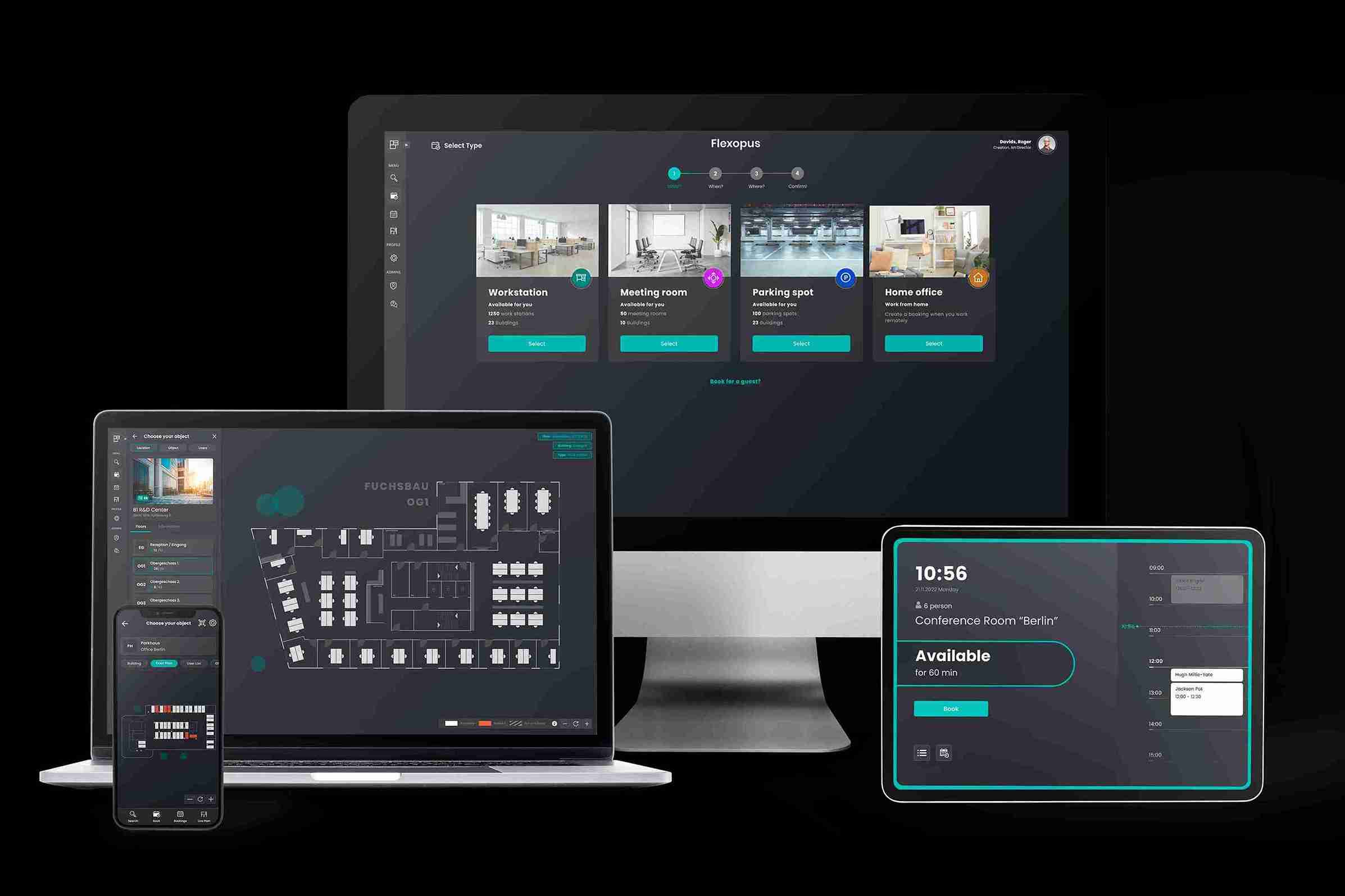 The Flexopus app on various platforms, including a PC monitor, a laptop, a smartphone, and a tablet.