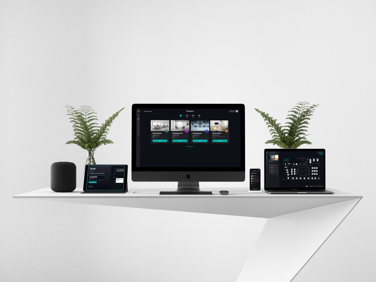 Flexopus on different devices on a white table in a white room.