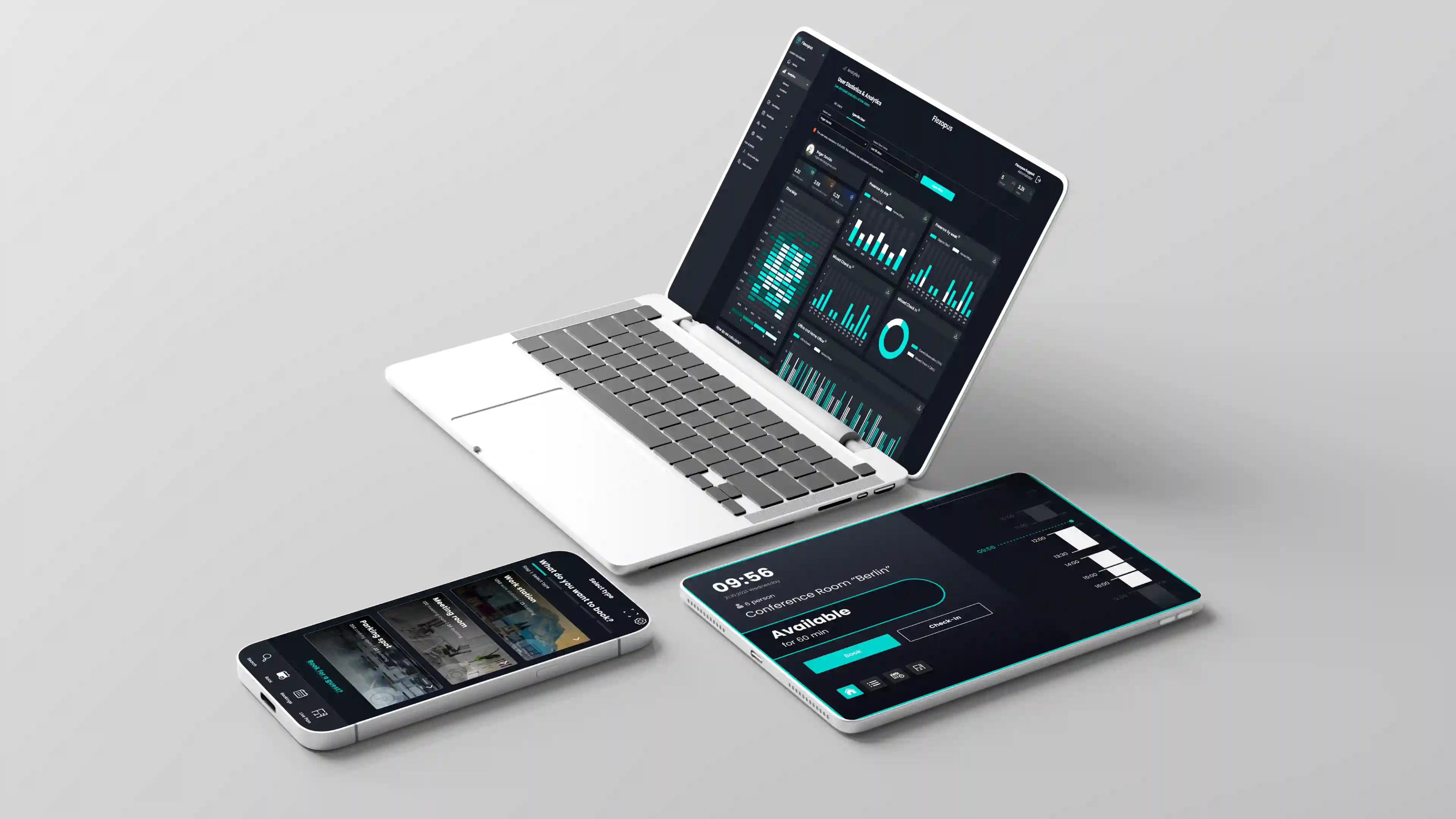 Flexopus on a laptop, a tablet and a mobile phone.