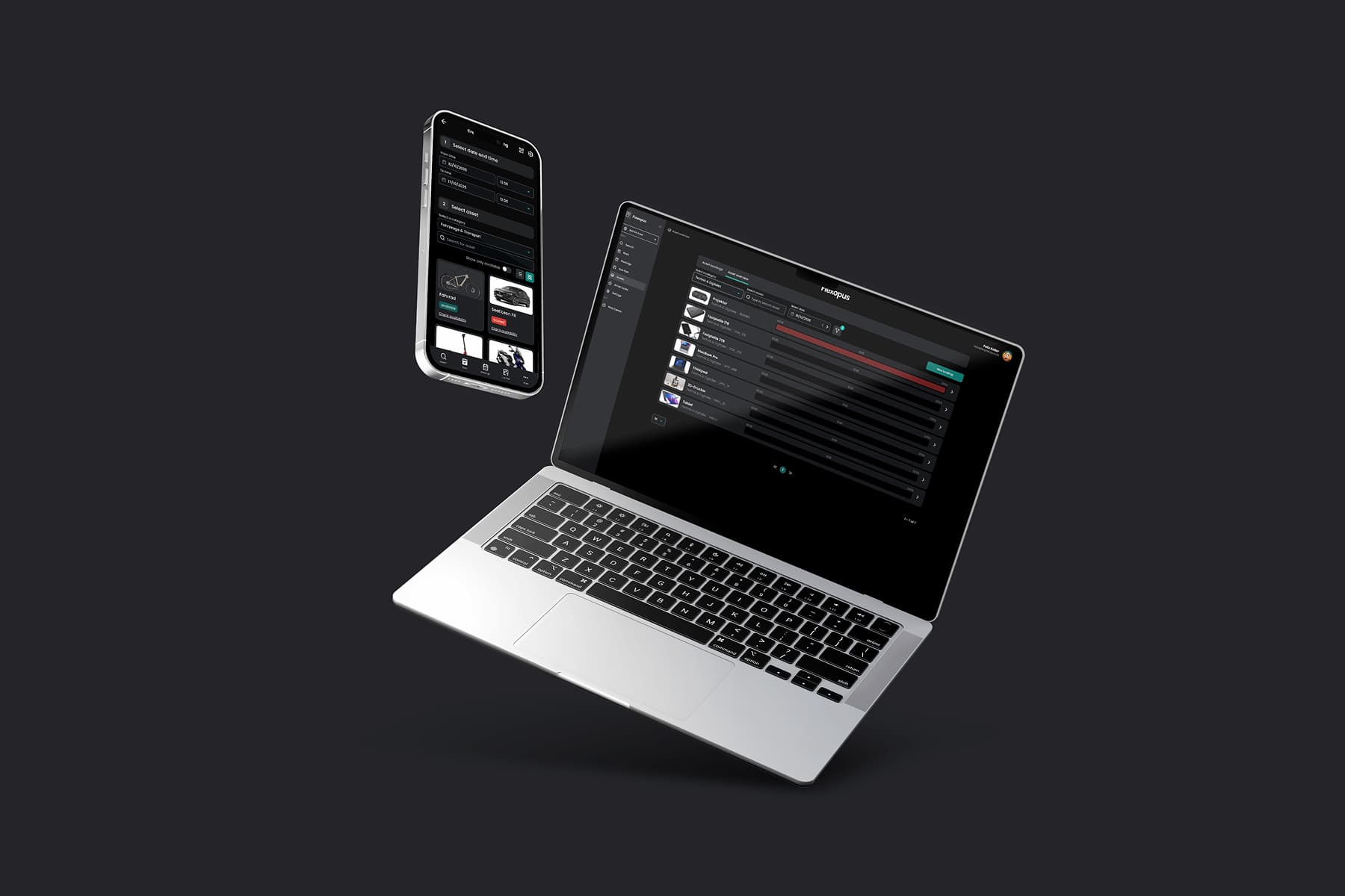 Das Flexopus Asset Management für die Anlagenbuchhaltung auf dem Laptop und Handy geöffnet.
