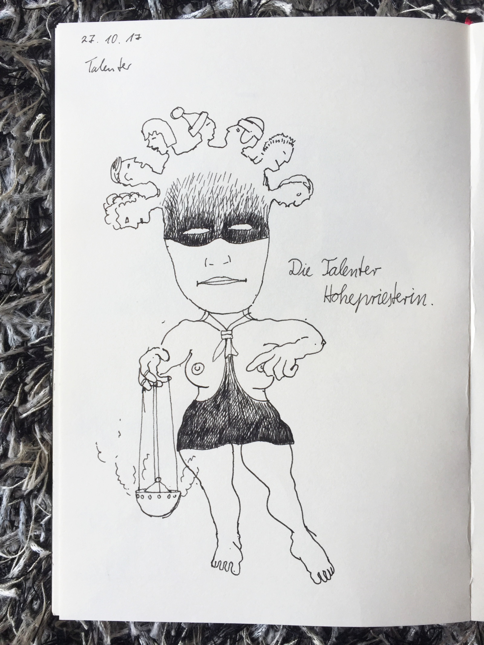 August Mond-Zeichnung einer Medusa mit Menschenköpfen, statt Schlangen