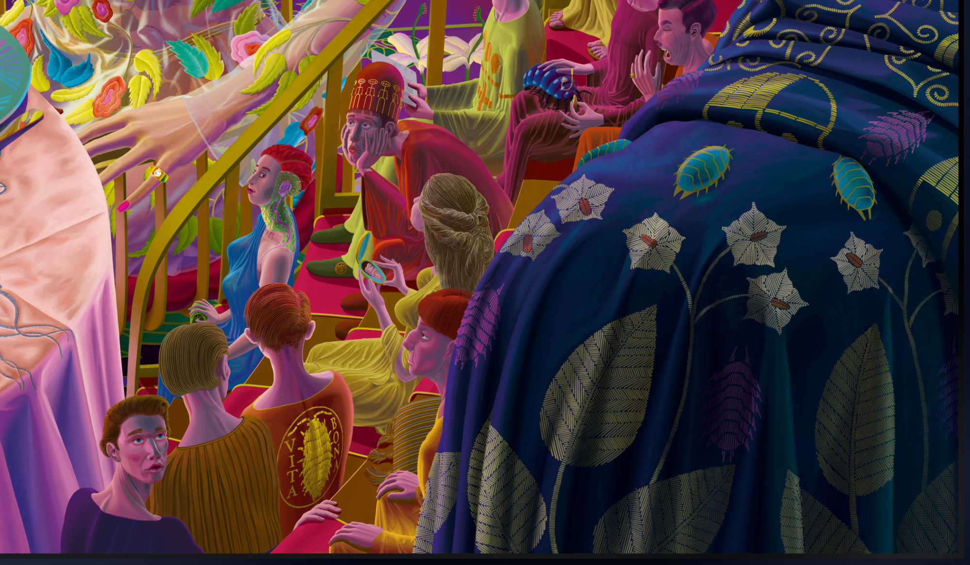 August Mond Painting: Sigma (a young woman) stands on a table in a building on the moon in front of three judges from the Vieleiner (genetically modified humans). She presents her latest creation to the judges and audience: shark with strawberry sauce. 