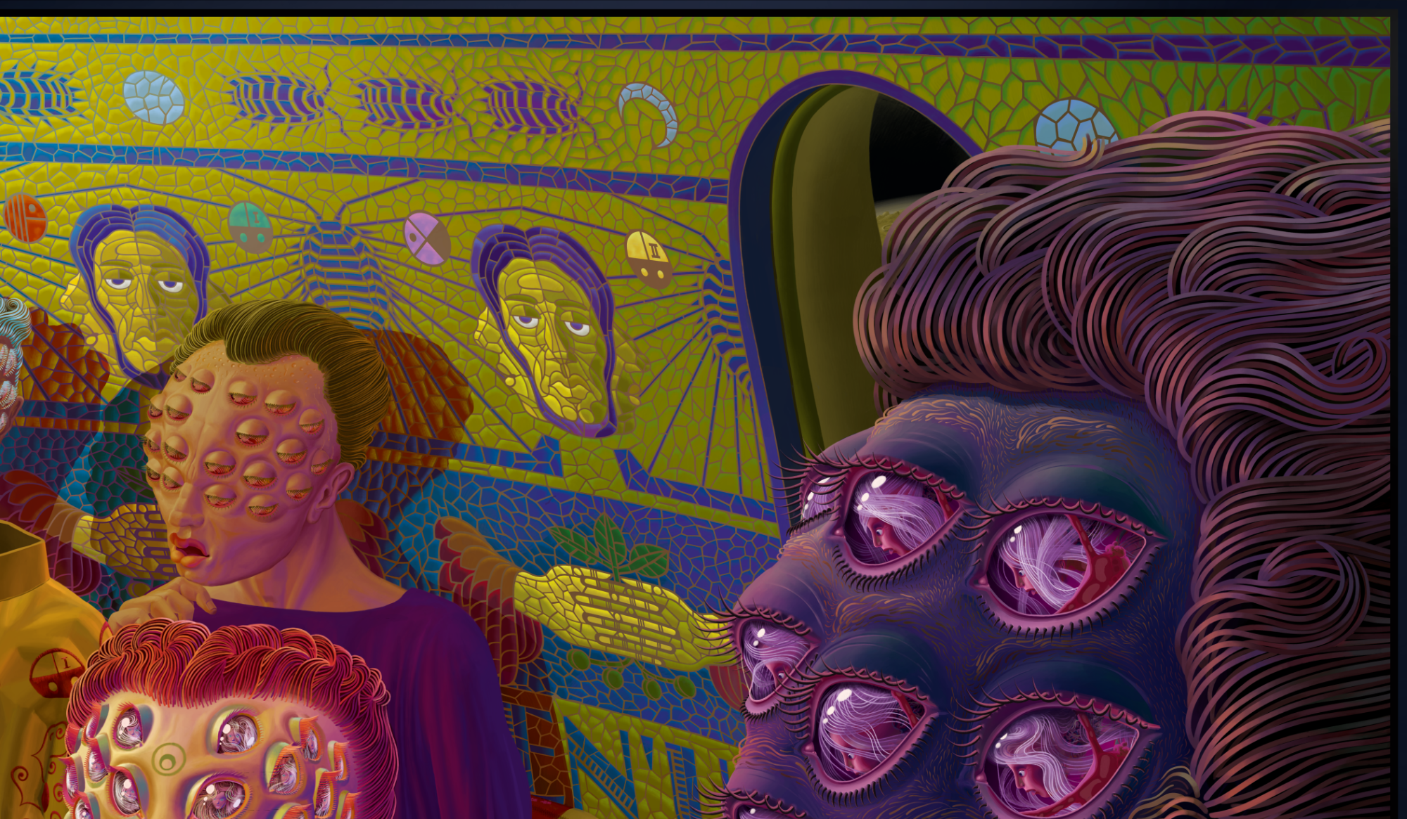 August Mond Painting: Sigma (a young woman) stands on a table in a building on the moon in front of three judges from the Vieleiner (genetically modified humans). She presents her latest creation to the judges and audience: shark with strawberry sauce. 