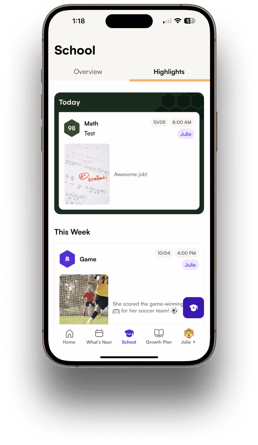 Image of Beehive's app on mobile phone showing child's school learning data and activity achievements