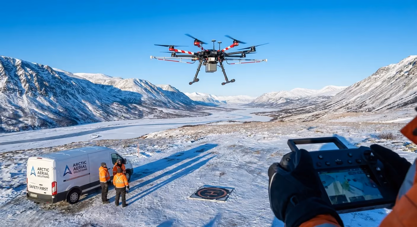 Commercial drone flying in winter conditions with snow-covered landscape