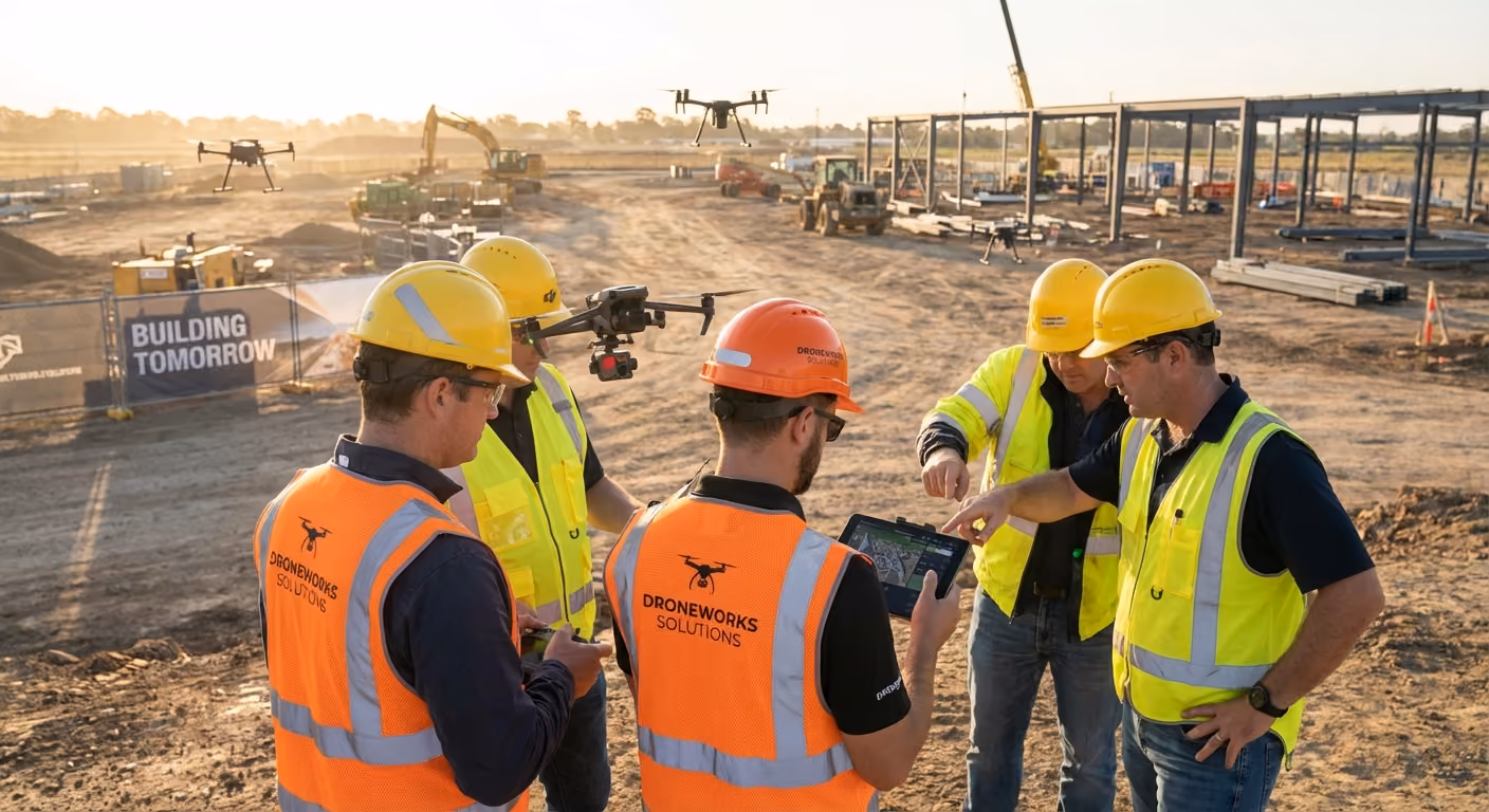 Commercial drone pilot managing multiple drones at construction site demonstrating business growth
