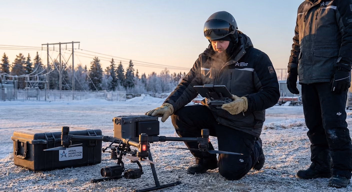 Commercial drone pilot conducting winter operations safety inspection