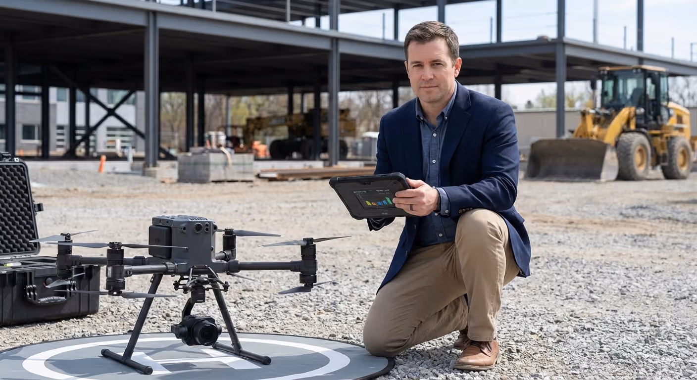 Professional commercial drone pilot reviewing flight logs at outdoor job site