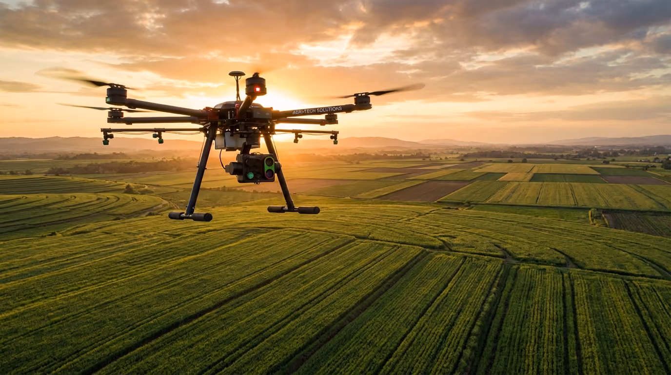 Commercial agricultural drone flying over crop fields at sunset