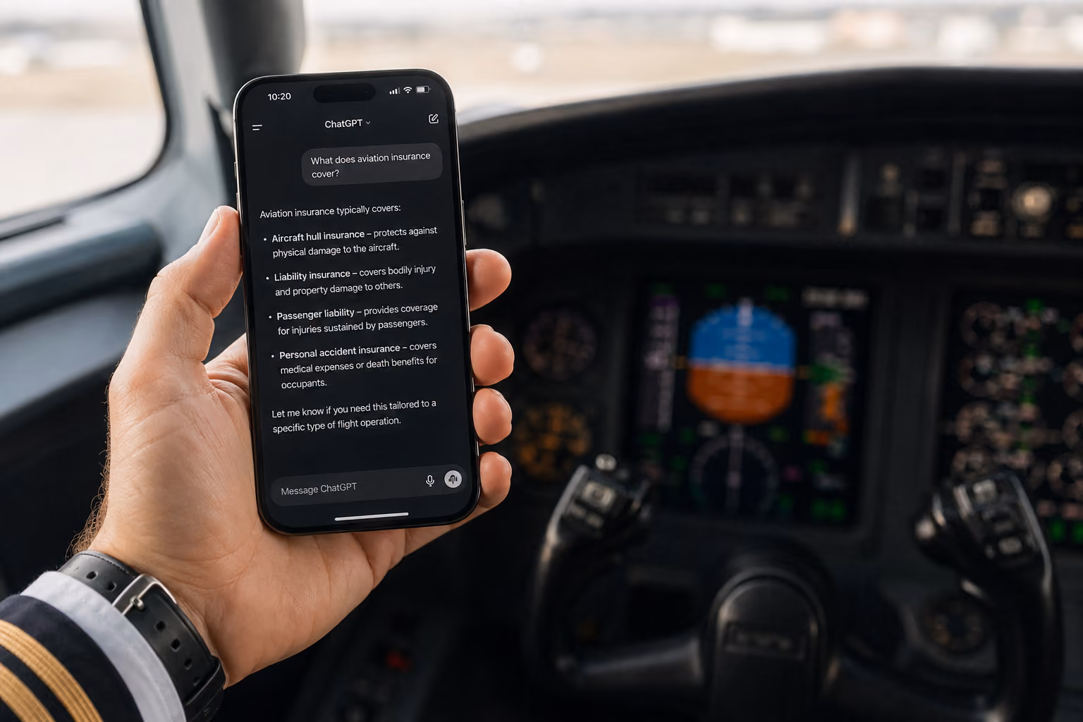 Skywatch pilots can now get Renters Aircraft Insurance quotes directly inside ChatGPT