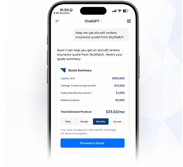 Skywatch pilots can now get Renters Aircraft Insurance quotes directly inside ChatGPT