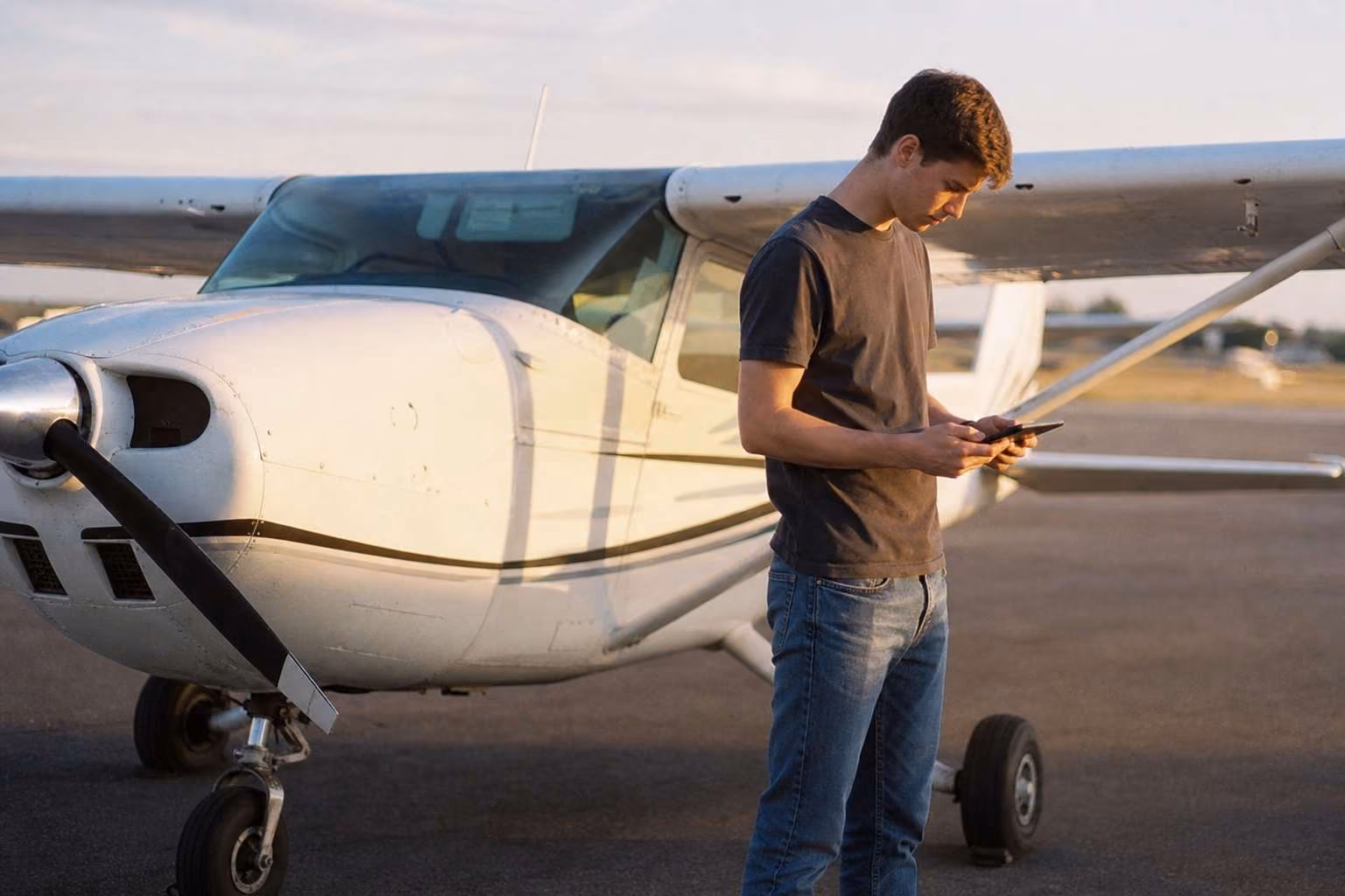 Student pilot with a Cessna 172 at a flight school ramp