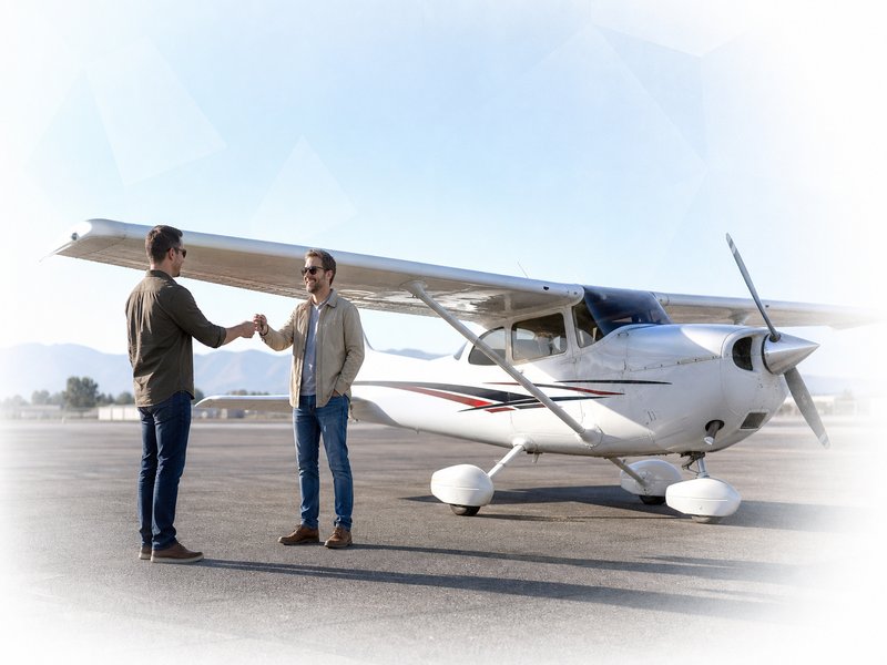 Pilot handing keys to another pilot next to a Cessna on a general aviation ramp