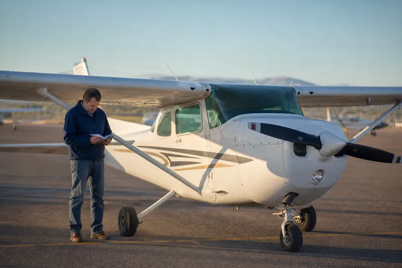 Aircraft owner reviewing insurance documents beside a Cessna on the ramp