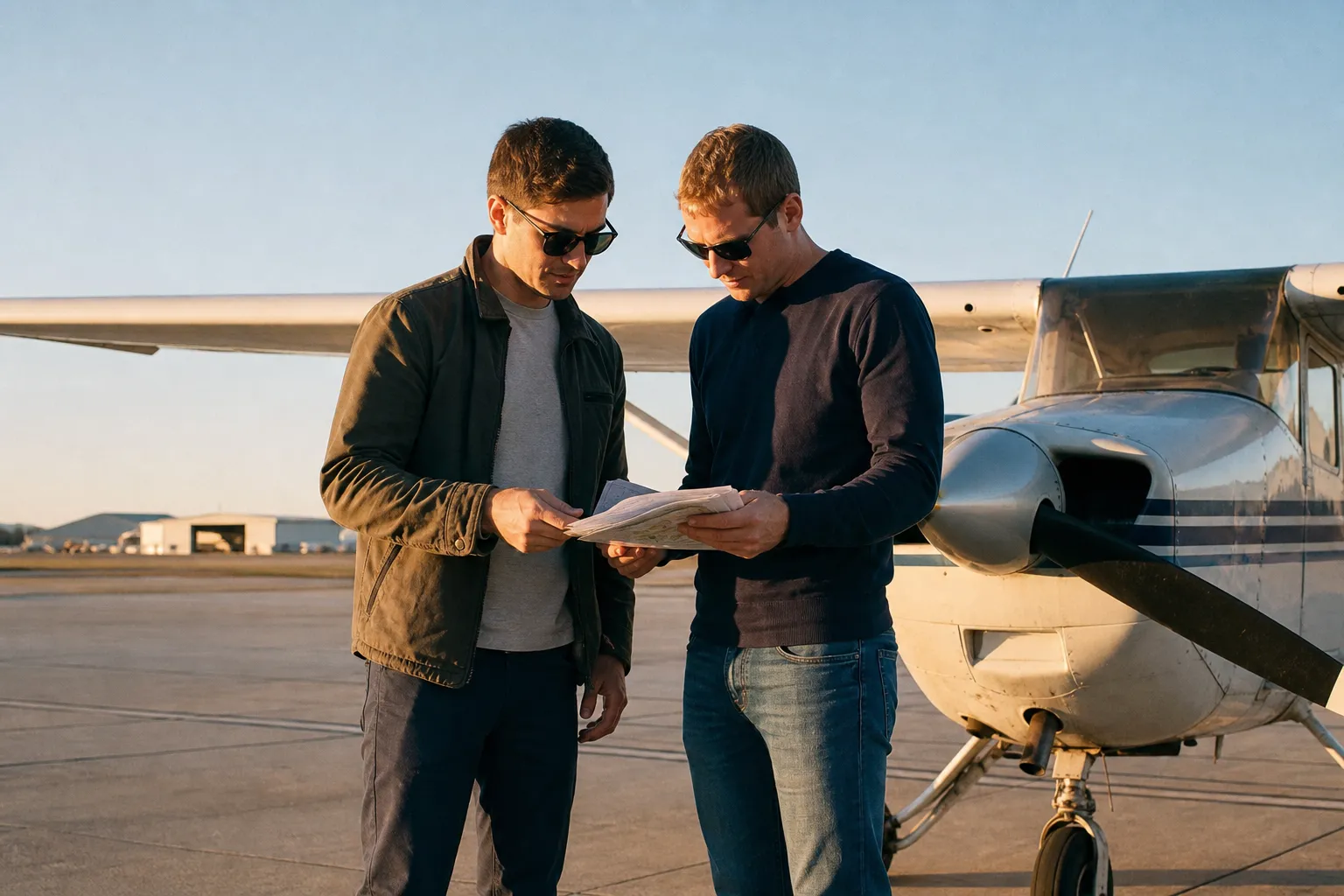 Two pilots in casual clothing reviewing documents beside a Cessna 172 on a general aviation ramp