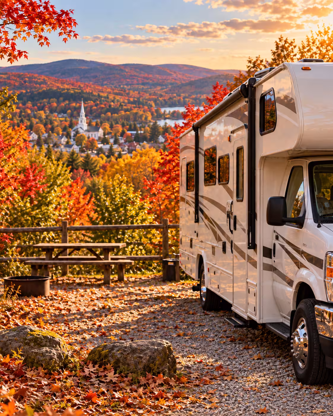 RV Fleet Manager handing keys to a family beside a motorhome during Berkshires fall foliage