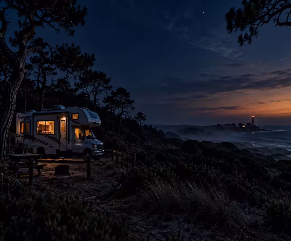 Class C motorhome at a Cape Cod campsite at dusk