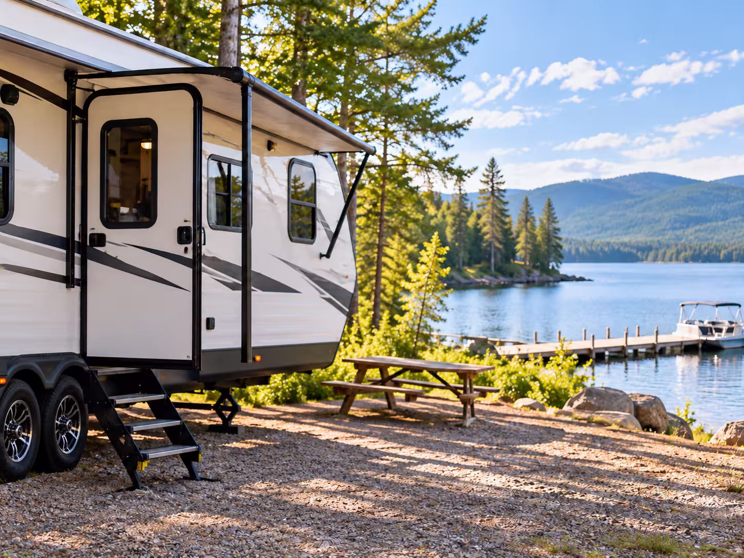 RV set up at a waterside campsite, ready for its next trip